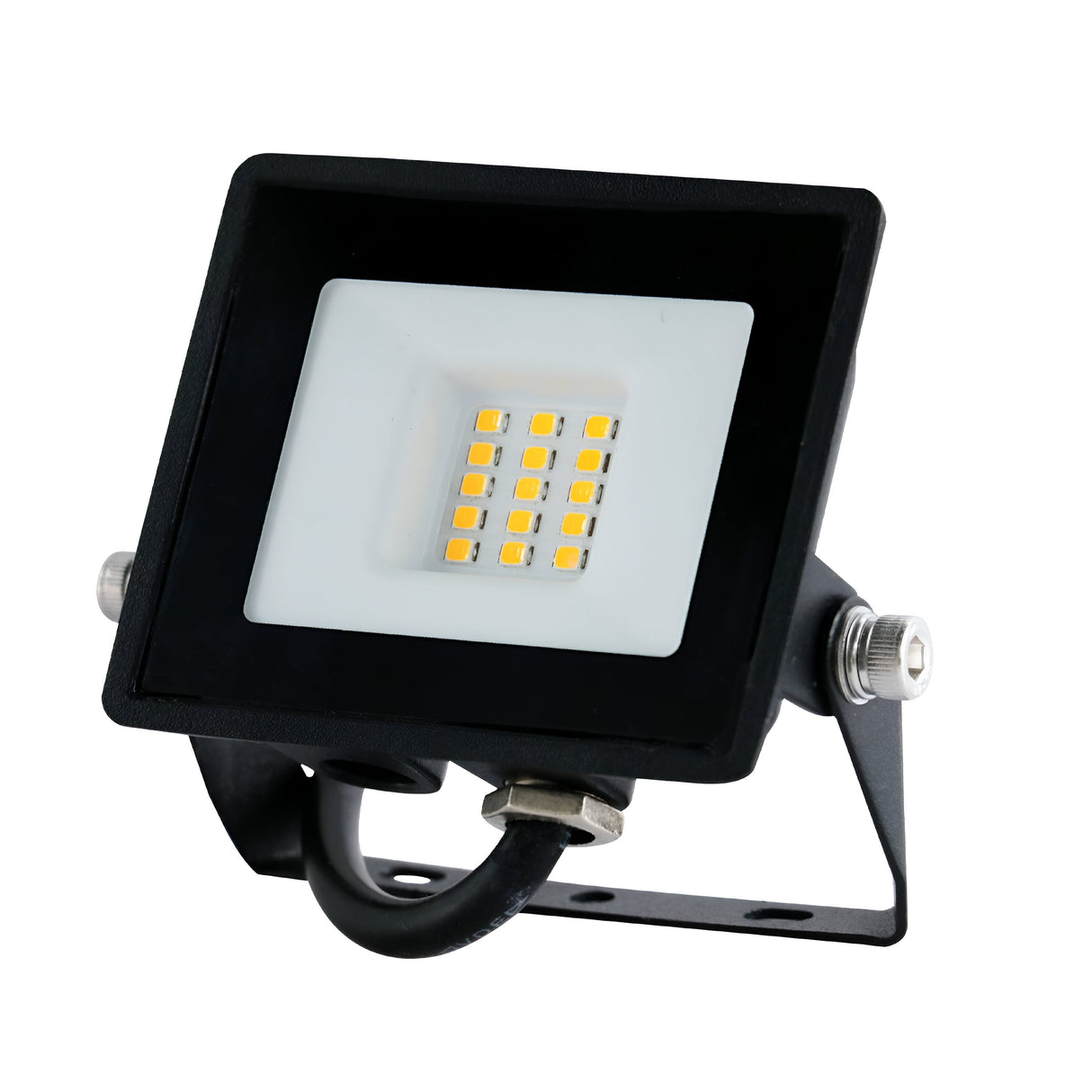 The Eveready 10W LED Floodlight - 4000K is a black, rectangular light with a white front panel displaying visible LED lights. It includes a sturdy mounting bracket and an extending cable, making it ideal for energy-efficient outdoor or indoor lighting.