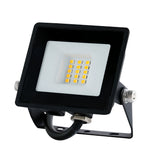 The Eveready 10W LED Floodlight - 4000K is a black, rectangular light with a white front panel displaying visible LED lights. It includes a sturdy mounting bracket and an extending cable, making it ideal for energy-efficient outdoor or indoor lighting.
