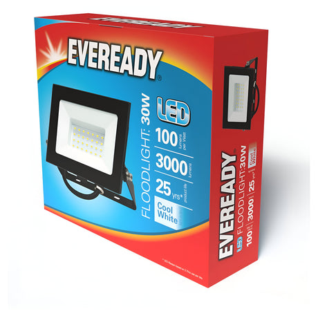 Eveready 30W LED Floodlight - 4000K, ideal for outdoor lighting, features a powerful 30W output, delivers 100 lumens of cool white light with an IP65 weather resistance rating and boasts a lifespan of 3000 hours. The packaging displays an image of the LED floodlight.