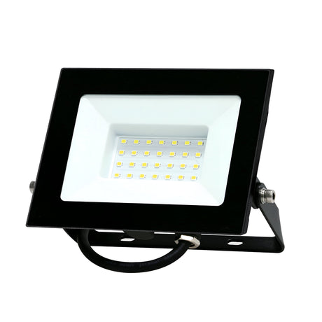 The Eveready 30W LED Floodlight - 4000K showcases a sleek, contemporary rectangular design featuring a central array of small LED bulbs. Ideal for outdoor illumination, it comes with an IP65 rating, a durable metal bracket for mounting, and a power cable extending from the rear.