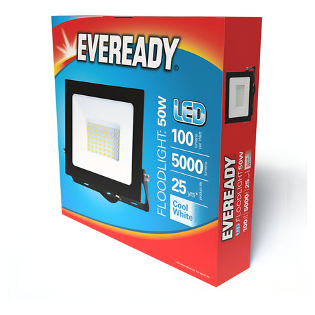 The Eveready 50W LED Floodlight - 4000K is presented in a red and blue packaging box that highlights its energy-efficient design. The packaging includes product details such as lumen output, lifespan, and light color. A photo of the floodlight is featured prominently on the front, making it an ideal option for outdoor lighting solutions.