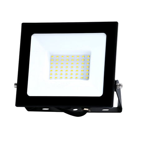 The Eveready 50W LED Floodlight - 4000K is an energy-efficient black rectangular LED floodlight featuring a white reflective surface and multiple small LED bulbs arranged in a grid pattern. Ideally suited for outdoor lighting, it is mounted on an adjustable bracket to allow for optimal positioning.