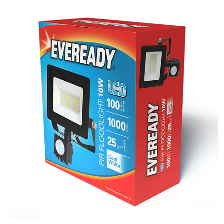 Product packaging for the Eveready 10W LED PIR Floodlight - 4000K, featuring motion detection technology. It offers 1000 lumens of brightness and has a lifespan of 25 years. Perfect for outdoor lighting use, the box predominantly showcases blue and red colors with an indicator for cool white light.