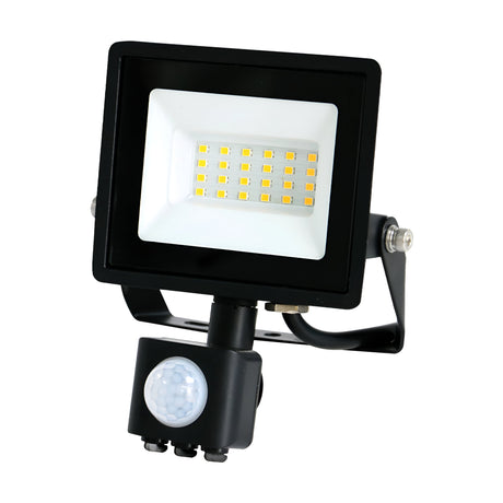 The Eveready 10W LED PIR Floodlight - 4000K is a black outdoor lighting solution with motion detection, designed in a rectangular shape and mounted on a bracket. It features multiple visible LED bulbs.