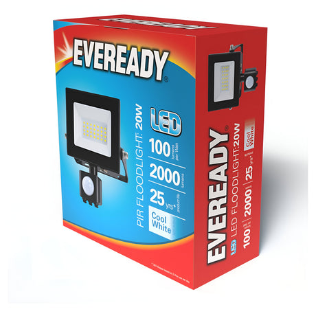 Image of an Eveready 20W LED PIR Floodlight -4000K box featuring motion detection. The packaging highlights features such as 100 LED lights, 2000 lumens, a lifespan of 25 years, and a Cool White color temperature. The red box is accented in blue and white, perfect for outdoor lighting needs.