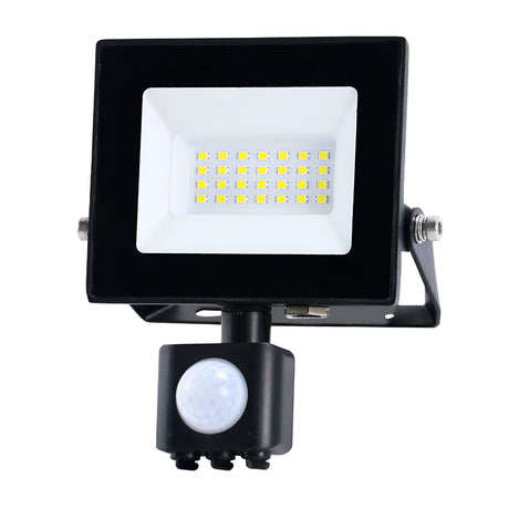 The Eveready 20W LED PIR Floodlight - 4000K features a black rectangular frame with an array of small yellow lights at its center. Ideal for outdoor lighting, it includes an adjustable bracket and a sensor below for enhanced motion detection.