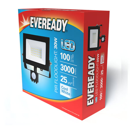 A red and blue box displays the Eveready 30W LED PIR Floodlight - 4000K, ideal for outdoor lighting. Highlighted specifications include a brightness of 100 lumens per watt, totaling 3000 lumens, with an impressive lifespan of up to 25 years. The floodlight offers cool white illumination and features optional motion detection capabilities.