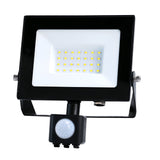 The Eveready 30W LED PIR Floodlight - 4000K showcases a sleek black rectangular design, featuring multiple small LED bulbs and a motion detection sensor. It is mounted on a bracket, making it an ideal choice for outdoor lighting with its clean, modern aesthetic.