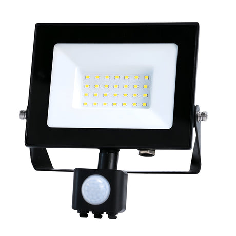 The Eveready 30W LED PIR Floodlight - 4000K showcases a sleek black rectangular design, featuring multiple small LED bulbs and a motion detection sensor. It is mounted on a bracket, making it an ideal choice for outdoor lighting with its clean, modern aesthetic.