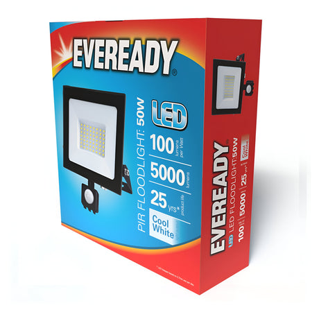 The packaging for the Eveready 50W LED PIR Floodlight - 4000K highlights its motion-sensing capabilities and impressive 25-year lifespan, featuring an image of the floodlight along with key product details. It delivers 100 lumens at a cool white temperature of 5000K.