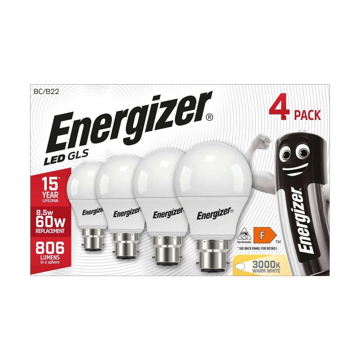 B22 (BC) LED GLS Bulb 8.5W 806lm - Warm White 3000K, 4 Pack retail pack