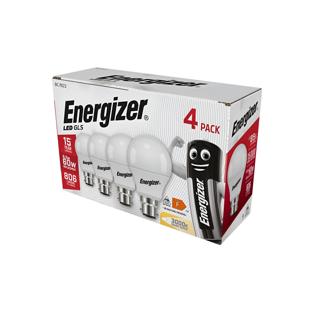 An image of an Energizer 8.5W Non-Dimmable LED GLS Bulb package, featuring four B22 bulbs with a warm white 3000K glow. The packaging highlights energy-efficient lighting, equivalent to a 60W incandescent bulb. An animated light bulb character on the side of the box celebrates advanced LED technology.