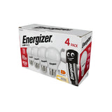 A stylish white and red box showcases a set of four Energizer 8.5W Non-Dimmable LED GLS Bulbs. These energy-efficient bulbs provide warm white light with an equivalent power of 60W, delivering 806 lumens at 3000K. A fun animated character decorates the side of the packaging, and the E27 screw cap allows for easy installation.