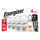 Packaging of the Energizer 8.5W Non-Dimmable LED GLS Bulbs, showcasing a pack of four warm white E27 screw cap bulbs with a color temperature of 3000K. The text highlights features including 806 lumens, an estimated lifespan of 15 years, and equivalence to a traditional 60W bulb. A cheerful battery mascot and an energy efficiency chart are visible on the box as well.