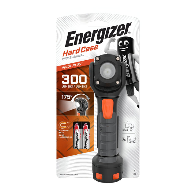 The packaging of the Energizer Hardcase LED Torch 300 Lumen - Batteries Included showcases its 300 lumens with 175° light coverage. Equipped with LED technology, it comes with two AA batteries. Displayed in black and orange, the torch features a water-resistant design along with a built-in magnet and rotating head.