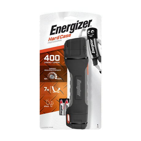 The packaging of the Energizer Hardcase Project Plus LED Torch 400 Lumen - Batteries Included highlights its robust 400-lumen LED technology. It offers adjustable light modes for enhanced versatility and is supplied with two AA batteries. The box prominently features a playful cartoon battery character, adding an element of fun.