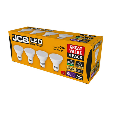 JCB 4-Pack 4.9W GU10 Non-Dimmable LED Bulbs are packaged with energy-saving benefits, claiming to use 90% less energy. They offer a lifespan of 10 years and deliver 345 lumens of warm white light at a color temperature of 3000K, providing the equivalent brightness of a traditional 50W bulb. The box features yellow and white colors with images of the product.