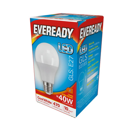 An eye-catching box features an Eveready 4.9W Non-Dimmable LED GLS Bulb, highlighting its energy efficiency with specifications such as E27 base, 470 lumens output, and cool white light at 4000K. This bulb is comparable to a traditional 40W bulb and offers a lifespan of up to 10 years.