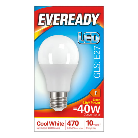 The packaging for the Eveready 4.9W Non-Dimmable LED GLS Bulb in Cool White features an E27 base and efficiently consumes only 4.9W, providing the equivalent brightness of a 40W bulb. It emits 470 lumens at a cool white temperature of 4000 Kelvins and has a lifespan of up to 10 years. The energy rating is F.