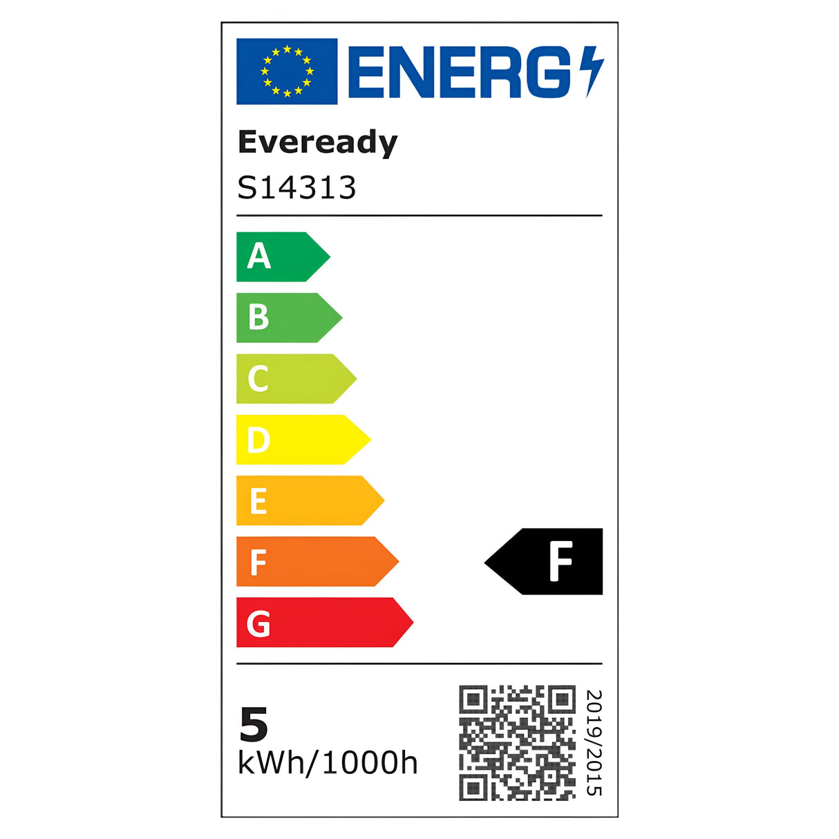 The Eveready 4.9W Non-Dimmable LED GLS Bulb, model S14313, has an energy efficiency rating of F. The Cool White bulb's energy label uses a color-coded scale from A (green) to G (red), indicating an energy consumption of 5 kWh/1000h. It also includes a QR code for more details.