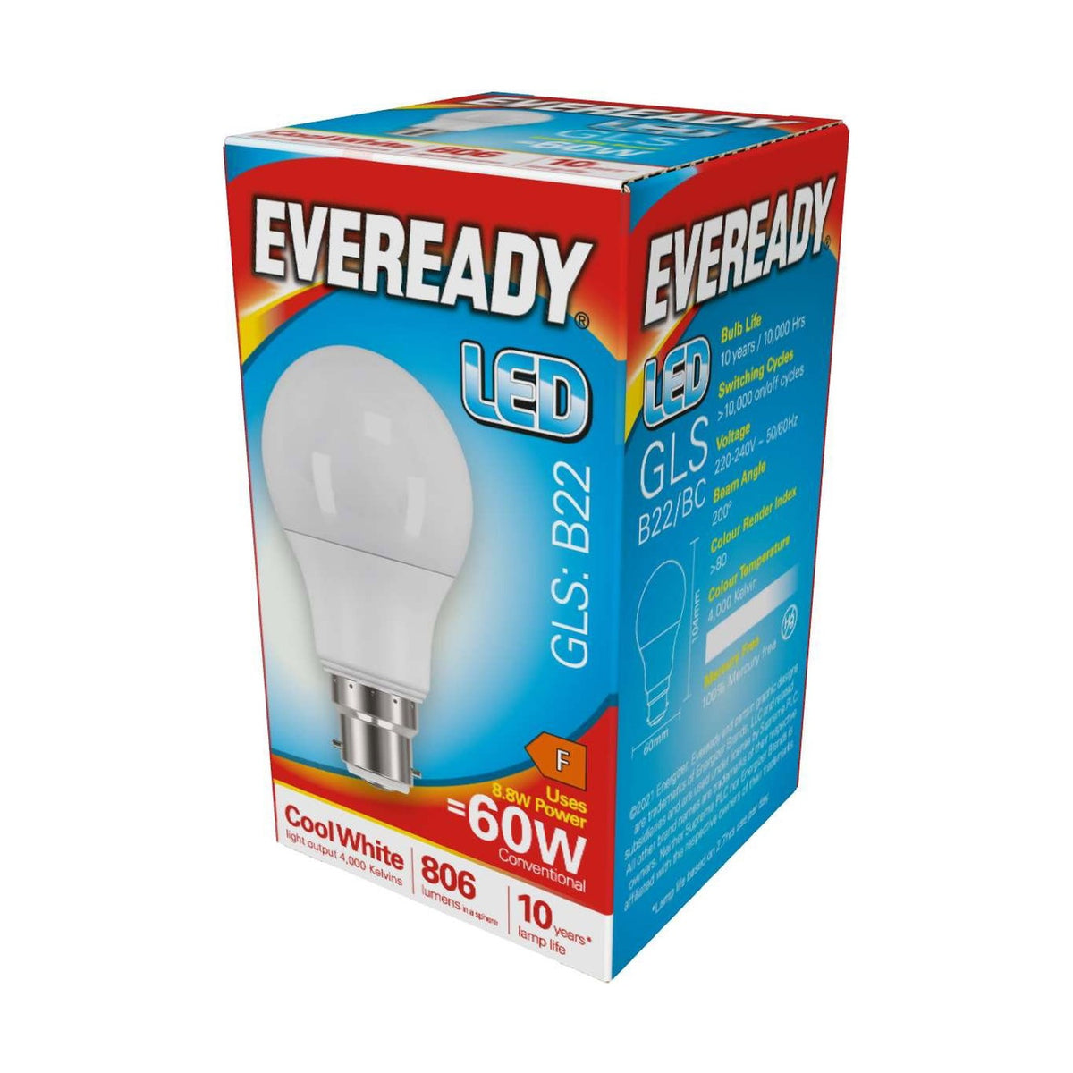 B22 (BC) LED GLS Bulb 8.8W 806lm Non-Dimmable - Cool White 4000K retail pack