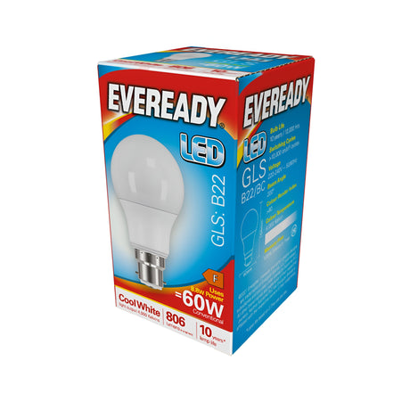 A package of Eveready 8.8W Non-Dimmable LED GLS Bulb, B22 cap, in cool white (4000K), offering 806 lumens of bright light output and energy efficiency equivalent to a 60W traditional bulb, displays product details like energy usage and lifespan on the front and side.