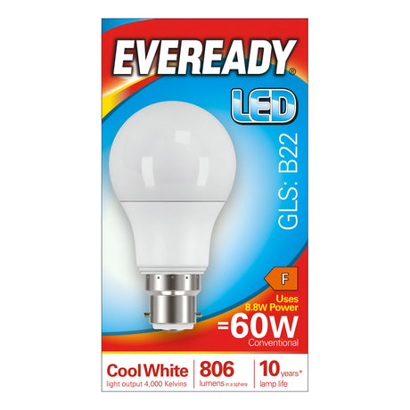 The Eveready 8.8W Non-Dimmable LED GLS Bulb (B22) packaging highlights its cool white light at 4,000 Kelvin, equivalent to a 60W bulb while using only 8.8 watts. It offers an output of 806 lumens and features a notable lifespan of up to 10 years.