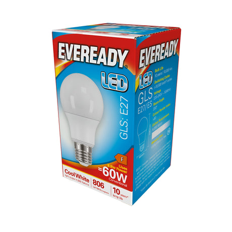 A box of Eveready 8.8W Non-Dimmable LED GLS Bulbs features cool white bulbs with E27 fittings, offering 806 lumens and an energy-efficiency rating of F. The packaging includes a set of 10 bulbs, ideal for bringing energy-efficient lighting into your home.