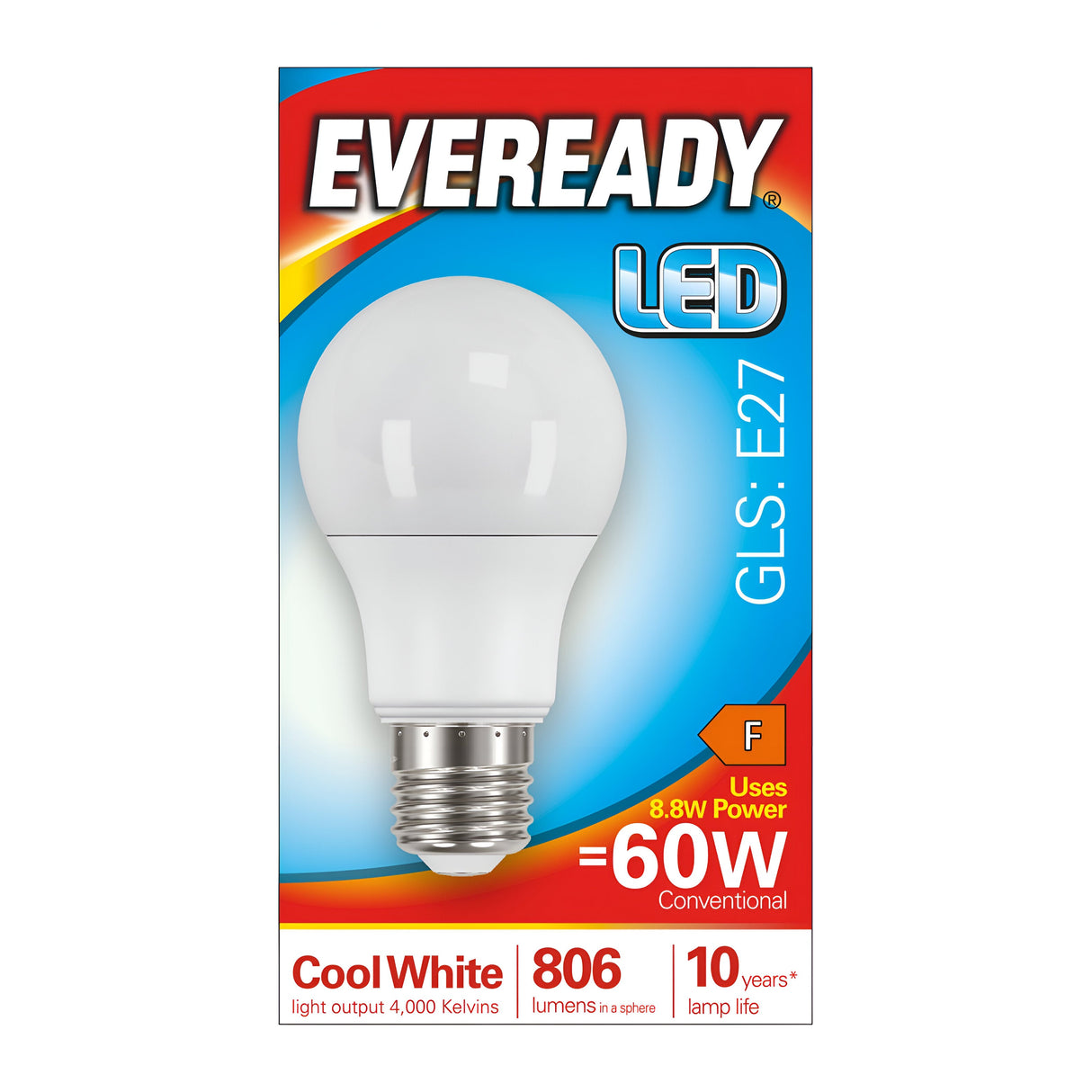 Packaging of an Eveready 8.8W Non-Dimmable LED GLS Bulb in Cool White: E27 fitting with a power rating of 8.8W, equivalent to a traditional 60W bulb. It delivers 806 lumens and a cool white glow at 4,000 Kelvin, offering energy-efficient lighting and a remarkable lifespan of up to 10 years. The energy efficiency is rated F.