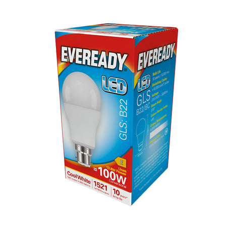 The Eveready 13.8W Non-Dimmable LED GLS Bulb with a B22 socket type provides energy-efficient lighting equivalent to 100W, producing 1521 lumens and lasting up to 10 years. These Cool White bulbs at 4000 Kelvin offer a bright solution and feature a prominent bulb image along with company branding.