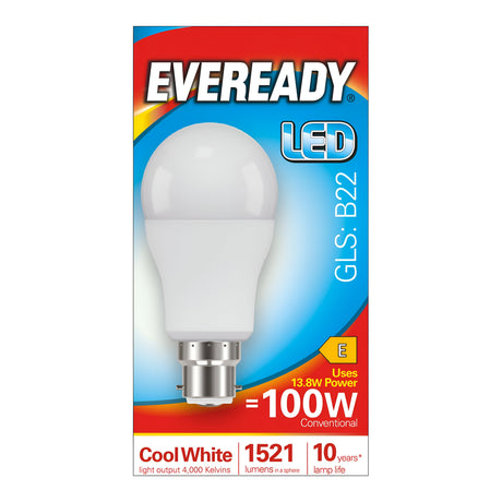 Image of the Eveready 13.8W Non-Dimmable LED GLS Bulb packaging. This bulb, with a B22 fitting, provides the equivalent light output of a 100W conventional bulb and features Cool White light at 4,000 Kelvin. It delivers 1521 lumens with a lifespan of 10 years and is rated E for energy efficiency, ensuring optimal energy consumption.