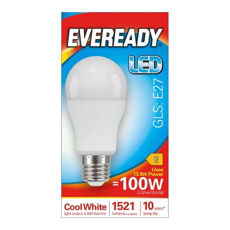 Packaging of an Eveready 13.8W Non-Dimmable LED GLS Bulb in Cool White. Features include an E27 base, 13.8W power equivalent to a conventional 100W bulb, 4000K for cool white illumination, 1521 lumens output, energy-saving benefits, and a lifespan of up to 10 years.