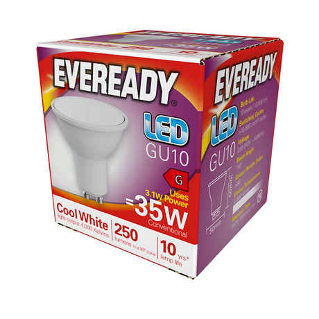 A pack of Eveready 3.1W GU10 Non-Dimmable LED Bulbs in cool white at 4000K provides energy-efficient lighting, equivalent to 35W, while consuming only 3.1W. Each bulb delivers 250 lumens and boasts an impressive lifespan of up to 10 years.