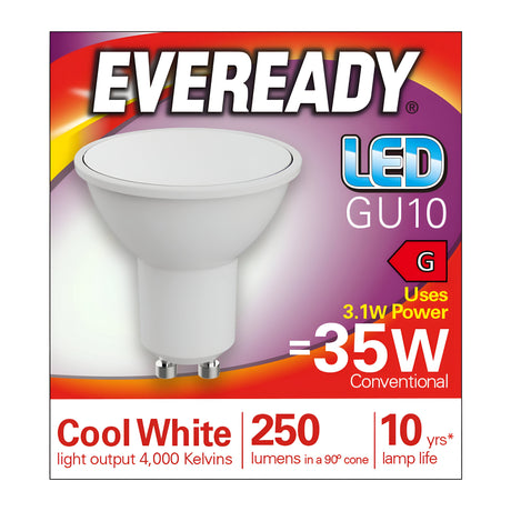 Packaging for an Eveready 3.1W GU10 Non-Dimmable LED Bulb in Cool White, offering an energy-efficient equivalent of a 35W conventional bulb. It provides 250 lumens with a color temperature of 4000K and has a lifespan of 10 years.