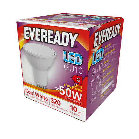 The packaging of the Eveready 4.7W GU10 Non-Dimmable LED Bulb highlights its energy-efficient lighting, providing the brightness equivalent to a 50W bulb while using only 4.7 watts. It offers cool white light at 4000K with a high color rendering index, producing 320 lumens and boasting an impressive lifespan of up to 10 years.