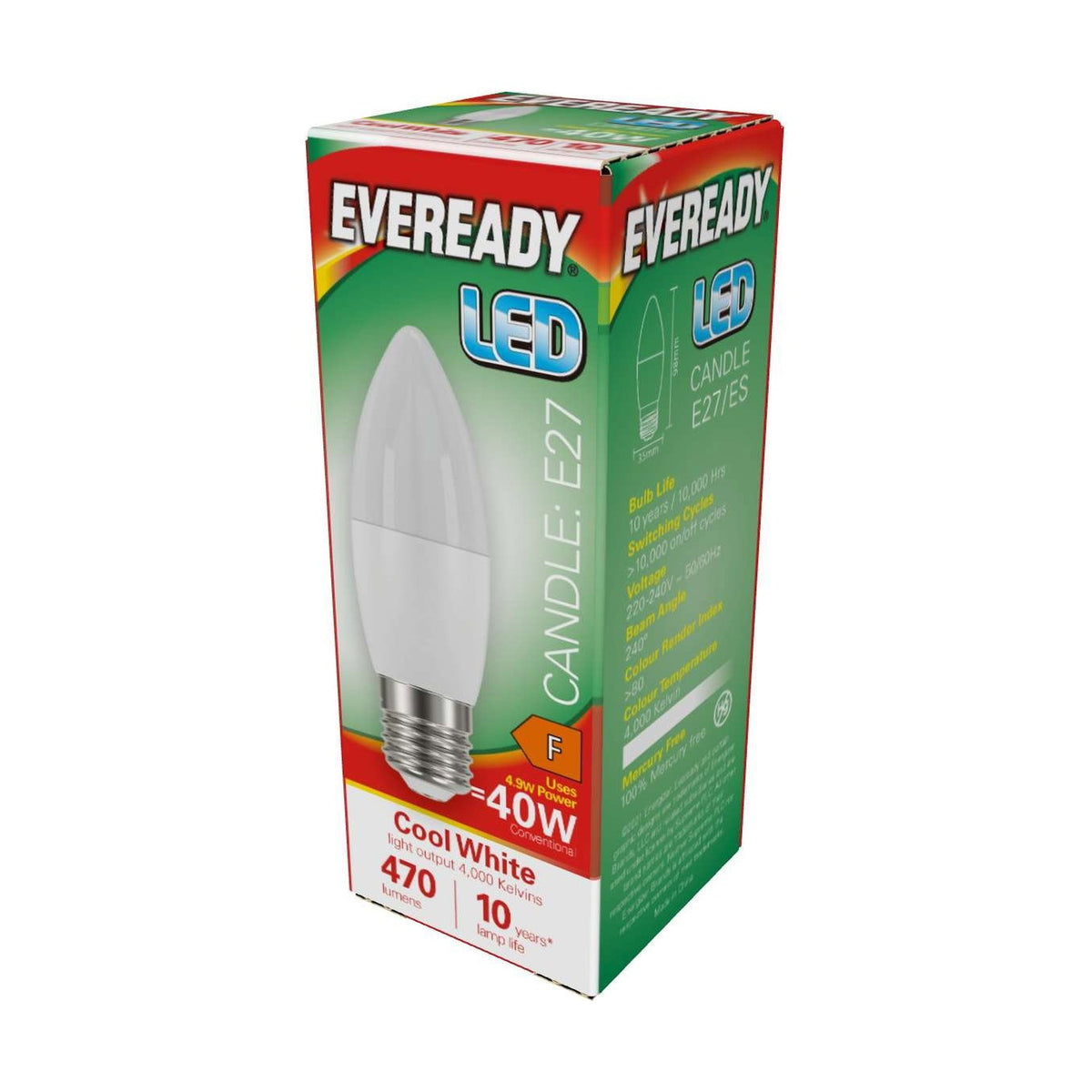 E27 (ES) LED Candle Bulb 4.9W 470lm - Cool White 4000K retail pack