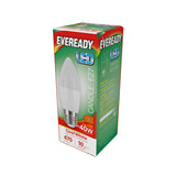 A box of Eveready 4.9W Non-Dimmable LED Candle Bulb offers energy-efficient lighting with a 40W equivalent power and delivers a brightness of 470 lumens over its impressive 10,000-hour lifespan. The cool white, 4000K light enhances the ambiance of any room. Packaged in a predominantly green box with red accents, the packaging prominently features the product details.