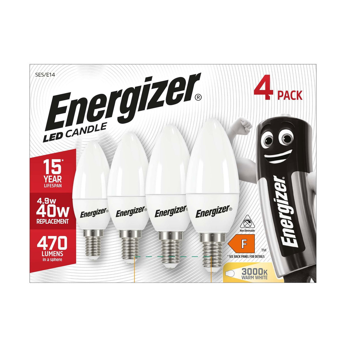 E14 (SES) LED Candle Bulb 4.9W 470lm - Warm White 3000K, 4 Pack retail pack