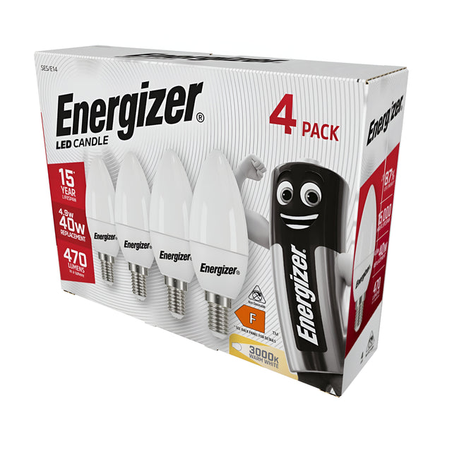 A set of four Energizer LED candle bulbs is displayed, featuring an E14 small Edison screw base. The packaging emphasizes a 15-year lifespan and 4.9W power equivalent to 40W, offering a warm white glow at 3000K with a 470-lumen output. An illustrated Energizer character decorates the side.