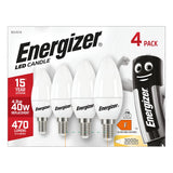 The packaging of the Energizer 4.9W Non-Dimmable LED Candle Bulb - Warm White, E14, 3000K, 4-pack features a charming cartoon battery mascot. Each bulb provides an impressive 470-lumen output with an E14 small Edison screw base, projecting a warm white glow at 3000K. It is designed to replace a traditional 40W bulb while consuming just 4.9W and offers a lifespan of up to 15 years.