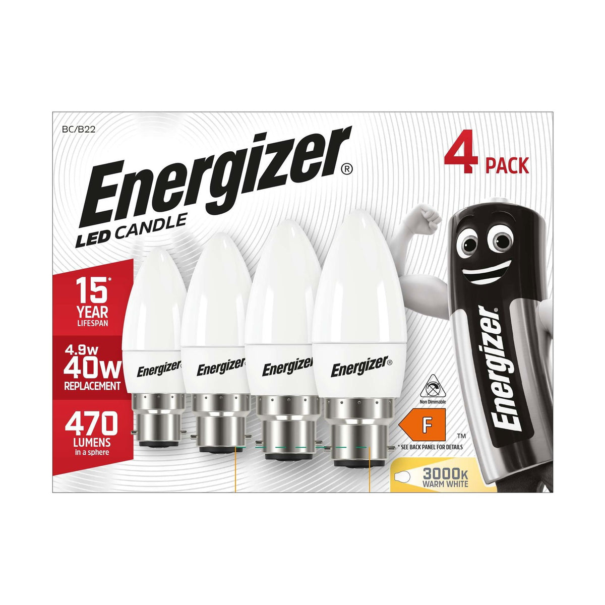B22 (BC) LED Candle Bulb 4.9W 470lm - Warm White 3000K, 4 Pack retail pack