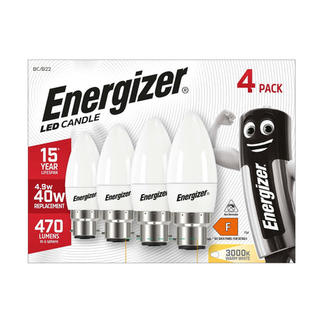 B22 (BC) LED Candle Bulb 4.9W 470lm - Warm White 3000K, 4 Pack retail pack
