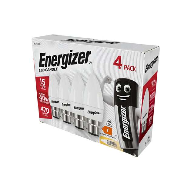 The Energizer 4.9W Non-Dimmable LED Candle Bulbs come in a pack of four and emit a warm white glow at 3000K, equivalent to a 40W traditional bulb, providing 470 lumens and ensuring energy efficiency. These bulbs create a cozy atmosphere with an impressive lifespan of up to 15 years. The packaging features a smiling battery character and includes details about the included 3-year warranty.