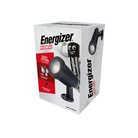 The packaging for the Energizer Outdoor LED Spike Light - Black seamlessly combines outdoor lighting appeal with durability. Highlighting benefits such as water resistance and a 15-year lifespan, it features the iconic Energizer mascot, making it perfect for illuminating landscape features. The image of the spike light prominently stands out on the box.