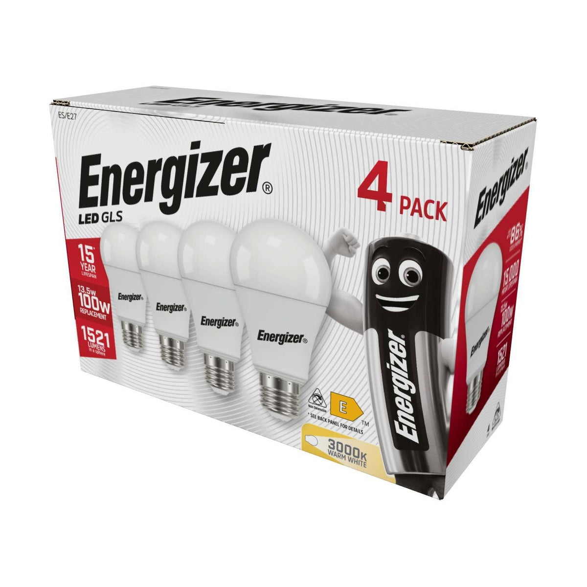 E27 (ES) LED GLS Bulb 13.5W 1521lm - Warm White 3000K, 4 Pack retail pack
