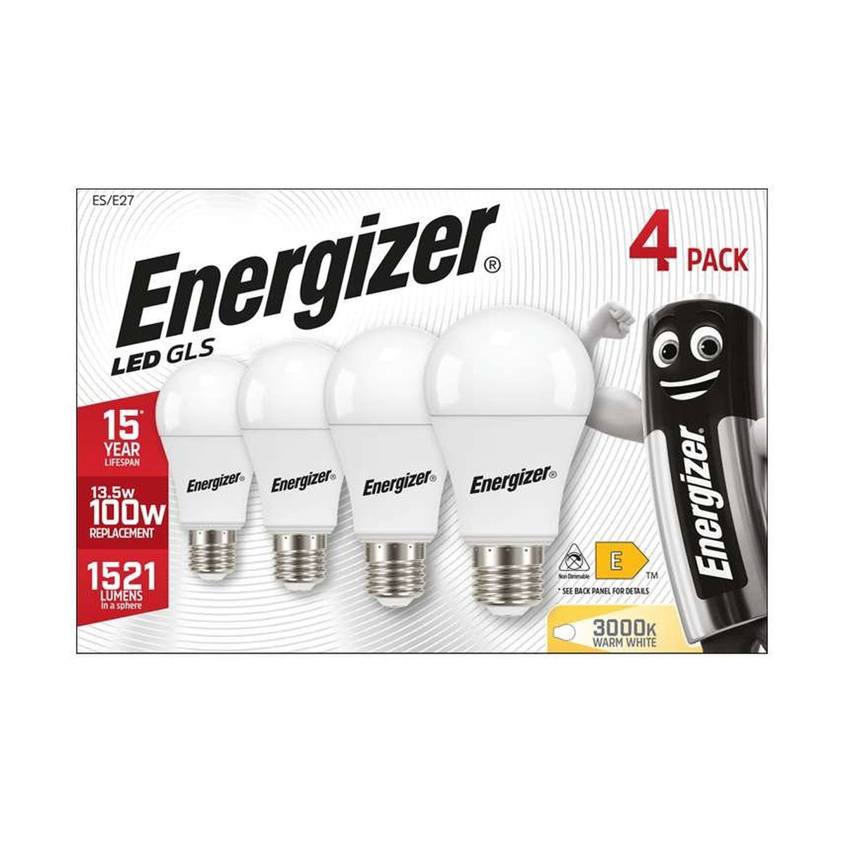 E27 (ES) LED GLS Bulb 13.5W 1521lm - Warm White 3000K, 4 Pack retail pack
