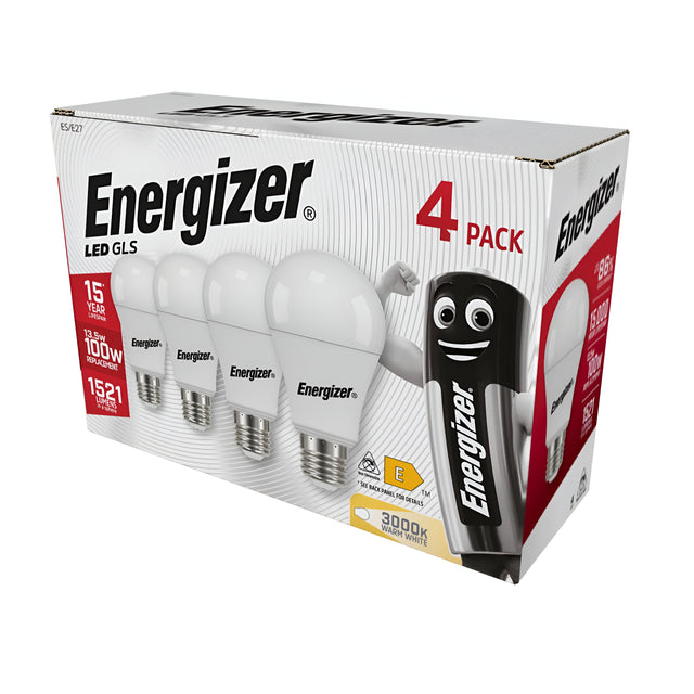 A pack of Energizer 13.5W Non-Dimmable LED GLS Bulbs in Warm White, E27, 3000K (4 Pack), known for their energy efficiency and long lifespan.