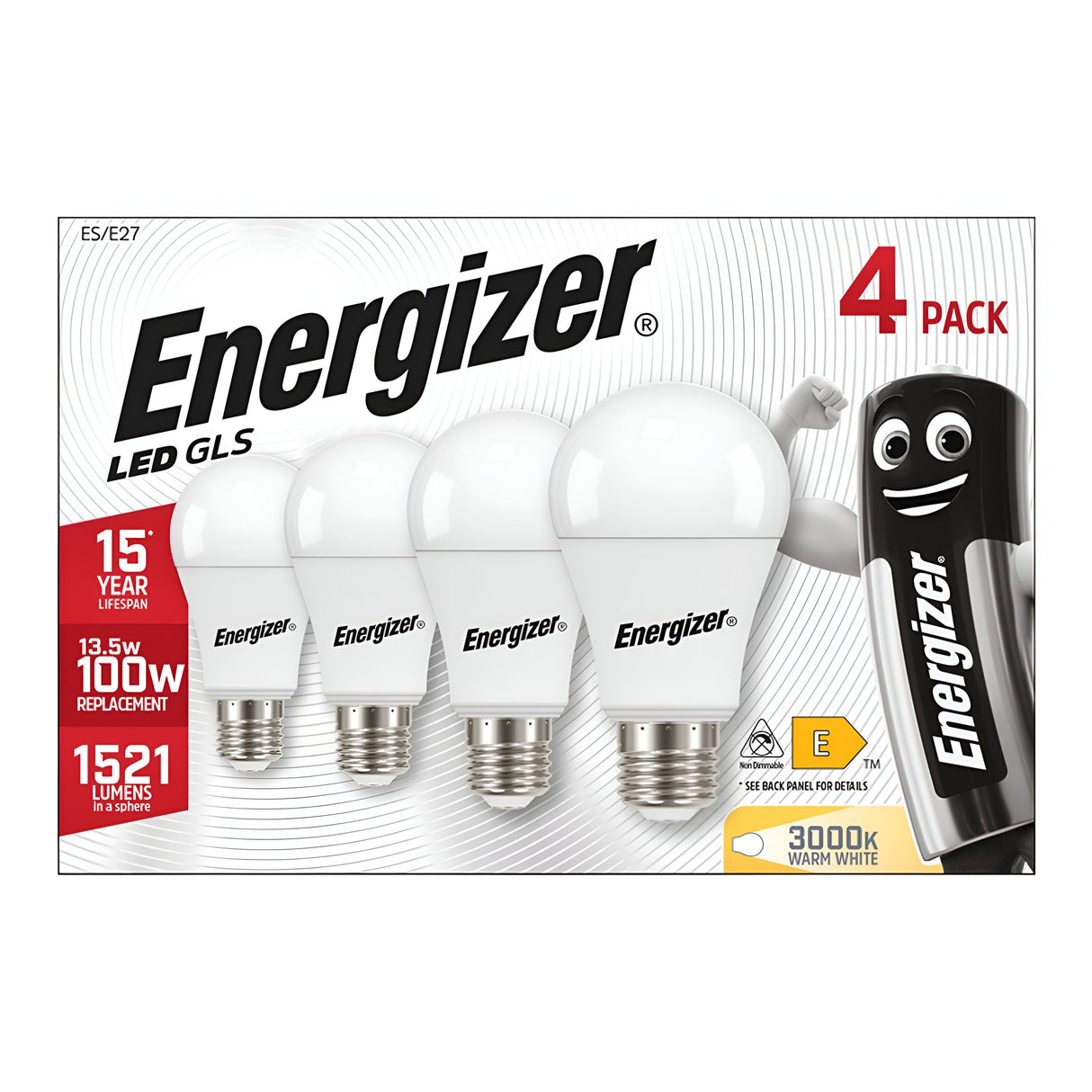 The Energizer 13.5W Non-Dimmable LED GLS Bulb - Warm White, E27, 3000K (4 Pack) features packaging with the iconic Energizer mascot and includes four energy-efficient bulbs. These bulbs provide a warm white light of 3000K and have an impressive lifespan of 15 years, delivering 1521 lumens at only 13.5 watts. They serve as a replacement for traditional 100W bulbs and carry an energy rating of E.