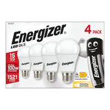 The Energizer 13.5W Non-Dimmable LED GLS Bulb - Warm White, E27, 3000K (4 Pack) features packaging with the iconic Energizer mascot and includes four energy-efficient bulbs. These bulbs provide a warm white light of 3000K and have an impressive lifespan of 15 years, delivering 1521 lumens at only 13.5 watts. They serve as a replacement for traditional 100W bulbs and carry an energy rating of E.