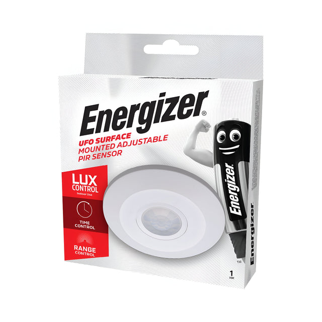 The Energizer Ceiling Light With PIR Sensor - White packaging highlights its energy efficiency, featuring Lux, Time, and Range Control. The white and red box displays an image of the sensor accompanied by an Energizer character, showcasing its smart design.